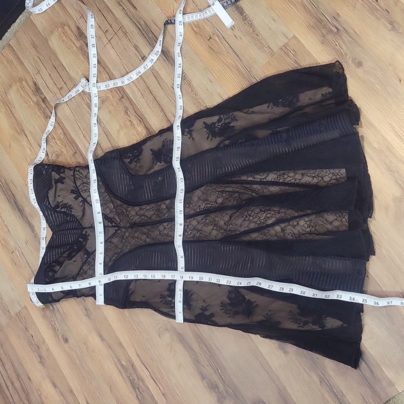 Vtg TADASHI Black Lace Mesh Over Nude Strapless Cocktail Midi Dress - Picture 13 of 14
